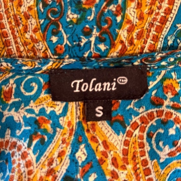 Tolani Women’s Silk Beaded Bohemian Printed Size Small Blouse Teal & Mustard - Picture 4 of 14